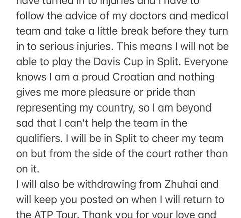 Borna Ćorić otkazao nastup za reprezentaciju na turniru Davis Cupa u Splitu