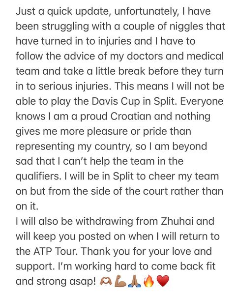 Borna Ćorić otkazao nastup za reprezentaciju na turniru Davis Cupa u Splitu